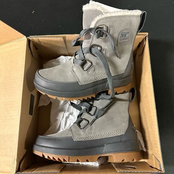 New Sorel Tivoli IV Waterproof Suede Shearling Ankle Boots 6 Quarry - Picture 4 of 6